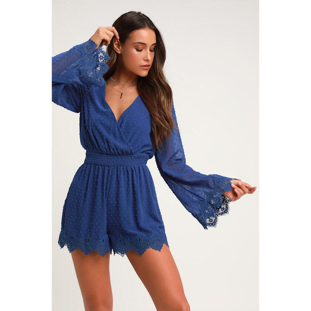 Lulus Meadowlake Blue Swiss Dot Lace Bell Sleeve Romper - Size XS